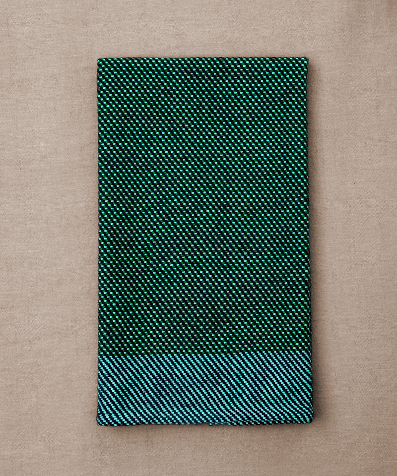 Green and blue handwoven towel for the bath or kitchen, made with American cotton.